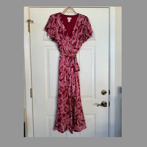 Nicole Miller Pink Floral Satin Flutter Sleeve Wrap Maxi Dress, Size: Lg, EUC
